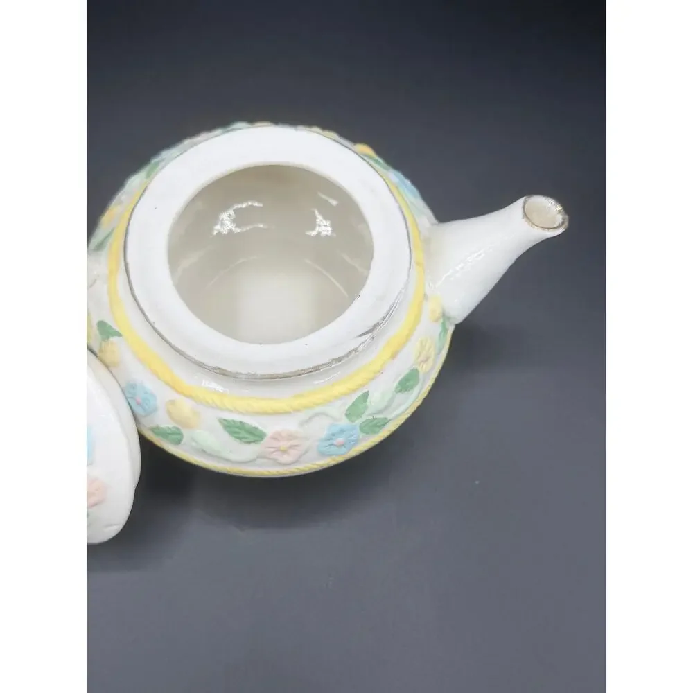 Floral Applique Ceramic Teapot Raised Flowers Yellow Rope Trim 6 Inch